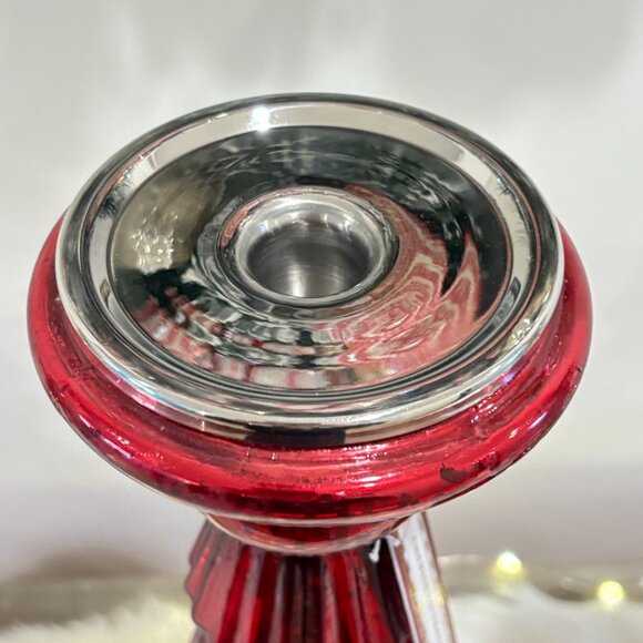 Christmas Holiday Tree Tired Red Mercury Glass Pillar Candle Tapers Holder PAIR - Picture 3 of 10